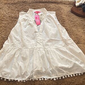 Lilly Pulitzer White Sleeveless Blouse with Pom-Pom Trim